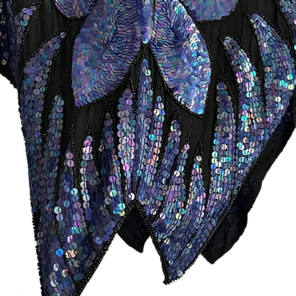 Vintage 70s/80s BUTTERFLY Bluish purple sequin and beaded cape blouse top Sz M - Picture 3 of 15